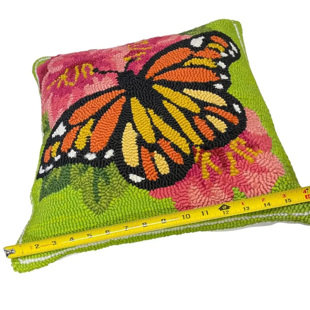 Plow & Hearth Monarch Butterfly Hooked Pillow Floral Outdoor 18x18